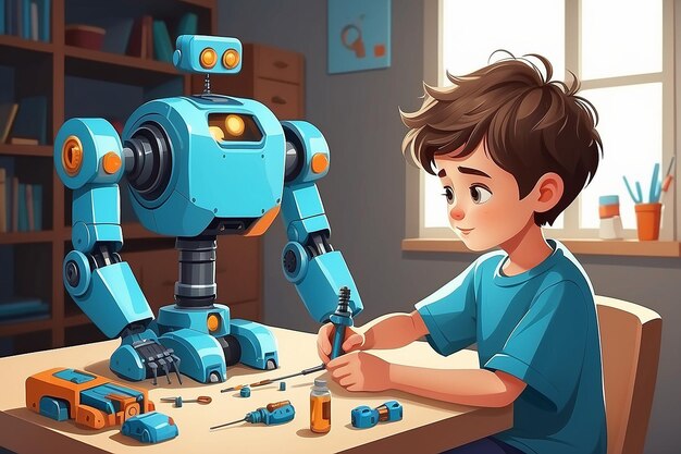 キッド・ビルディング・ロボット アニメ フラットベクトルイラスト 男の子が機械工事の道具を使っている