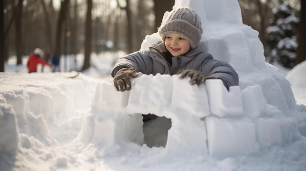 Photo a kid building a snow fort