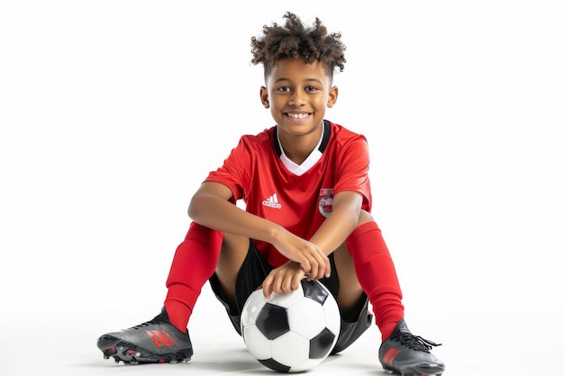 A Kid casually sitting in red Soccer Attire with a football