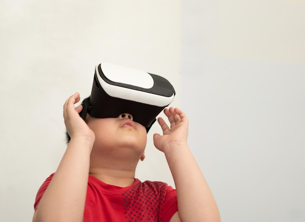 Kid child use vr video reality for enter cyberspace internet connect to metaverse