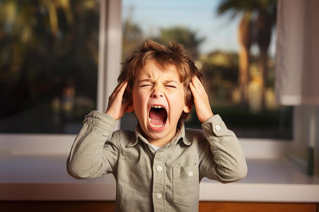 Foto un bambino con autismo che ha una crisi di ansia che urla