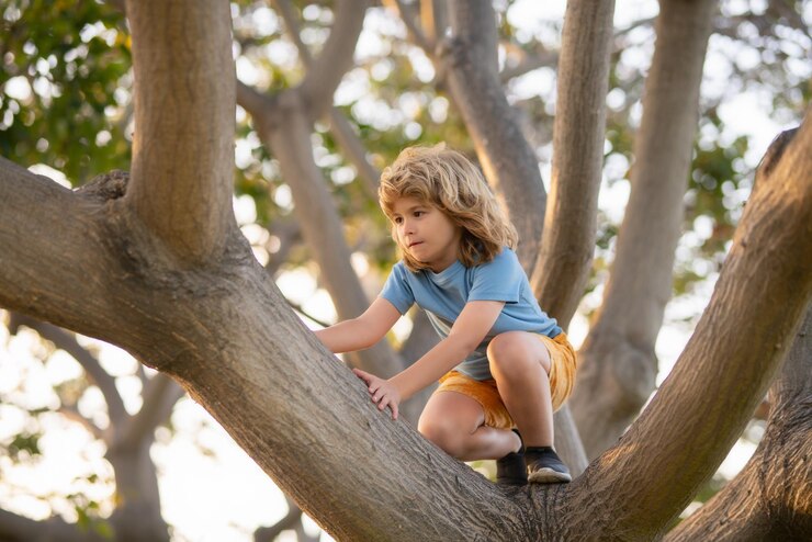 Kid climbing on a tree branch outdoor