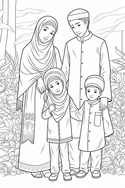 Kid coloring page of moslem parents and their kids halaman mewarnai keluarga muslim