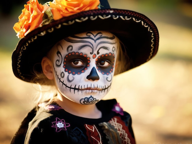 kid in Day of the Dead makeup with playful emotional dynamic pose