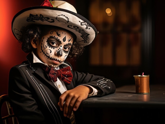 kid in Day of the Dead makeup with playful emotional dynamic pose