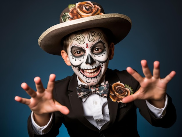 kid in Day of the Dead makeup with playful emotional dynamic pose