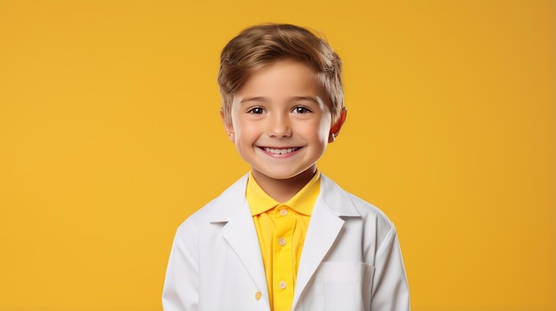Kid doctor in white coat uniform isolated in yellow studio background warmth friendly smiling
