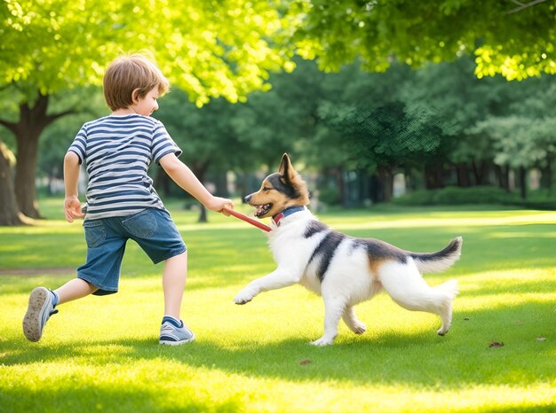 kid and a dog playing in the park with green background