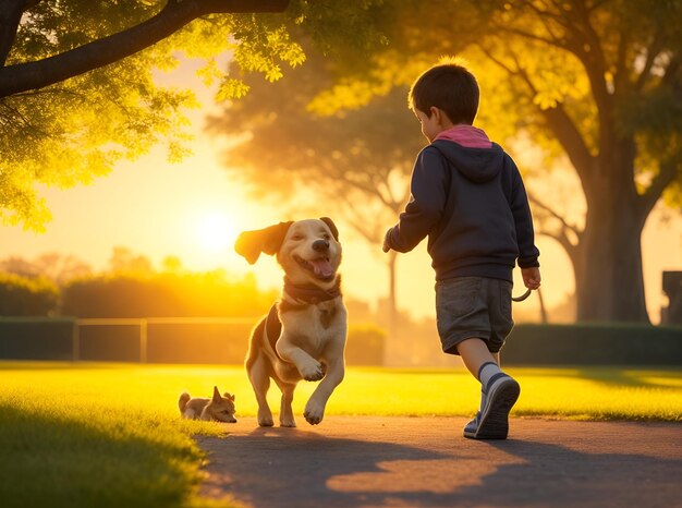 背景の日の出で公園で遊んでいる子供と犬