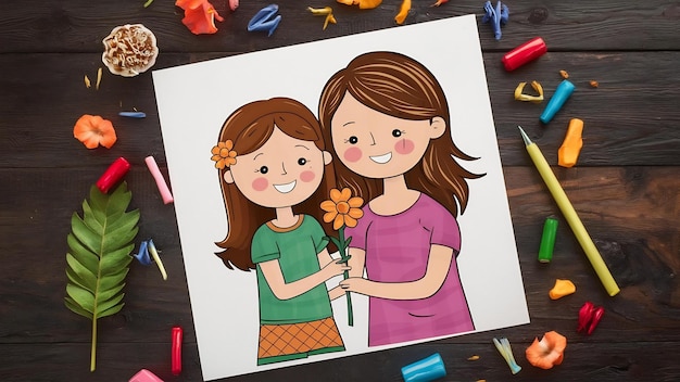 Photo kid drawing of mother and daughter with flower