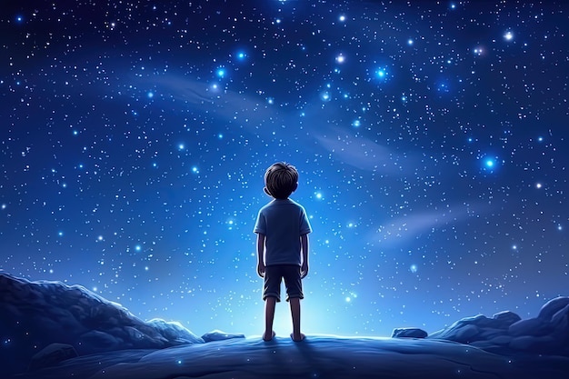 空の背景で宇宙飛行を夢見ている子供