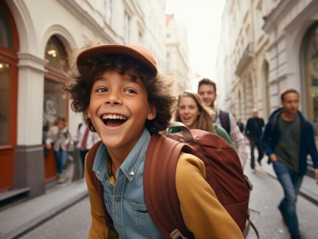 写真 子供は活気のある街路をゆっくりと散歩するのが好きです