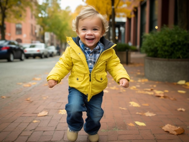 Фото Мальчик наслаждается спокойной прогулкой по оживленным городским улицам