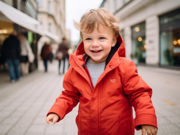 Фото Мальчик наслаждается спокойной прогулкой по оживленным городским улицам