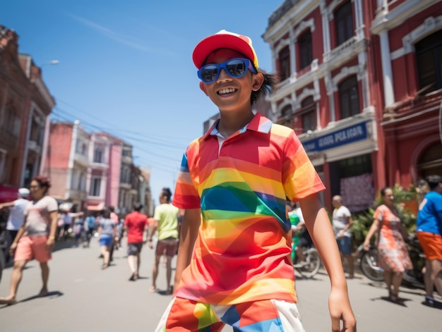 Kid enjoys a leisurely stroll through the vibrant city streets