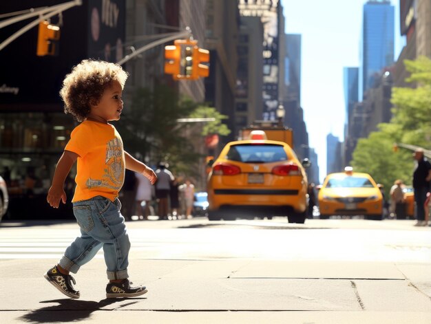 Kid enjoys a leisurely stroll through the vibrant city streets