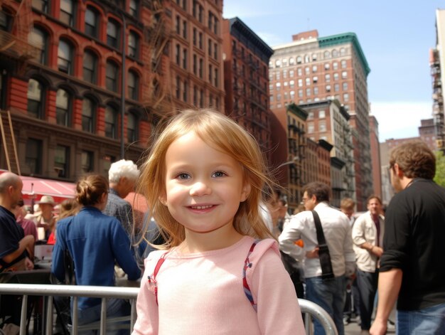 Kid enjoys a leisurely stroll through the vibrant city streets