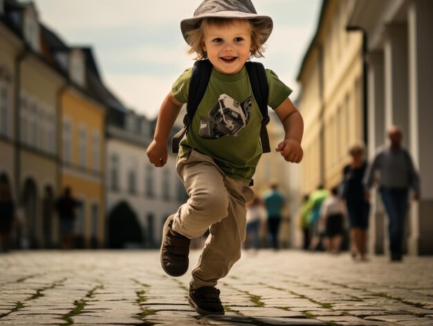 Kid enjoys a leisurely stroll through the vibrant city streets