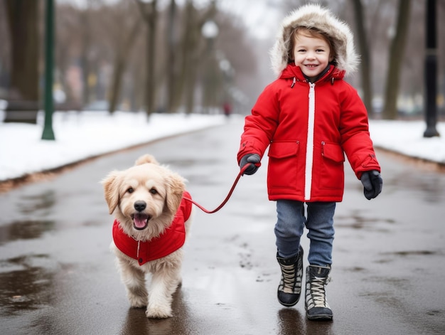 Kid enjoys a leisurely walk in a winter day