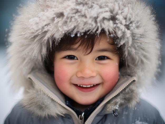 Foto il bambino si gode la giornata invernale innevata in posa giocosa