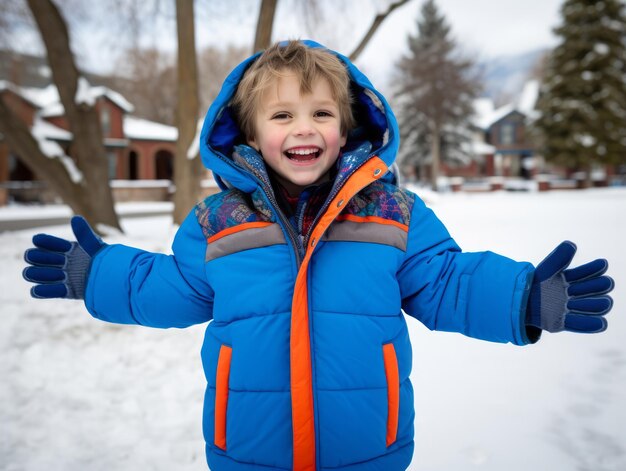 Kid enjoys the winter snowy day in playful pose