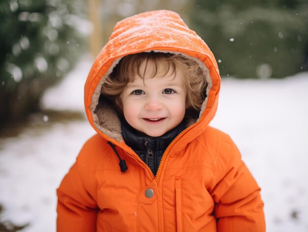 Kid enjoys the winter snowy day in playful pose