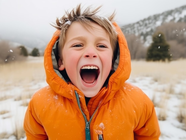 Kid enjoys the winter snowy day in playful pose