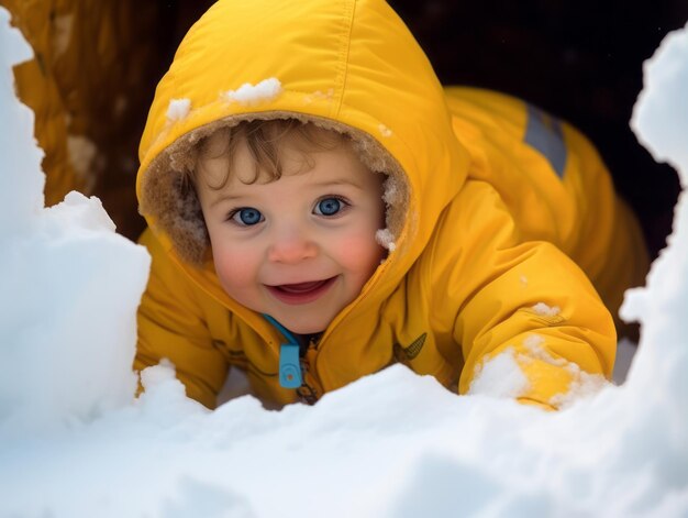 Kid enjoys the winter snowy day in playful pose