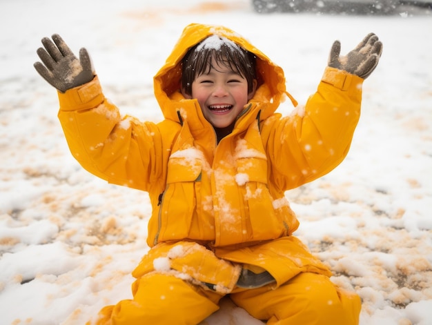 Kid enjoys the winter snowy day in playful pose