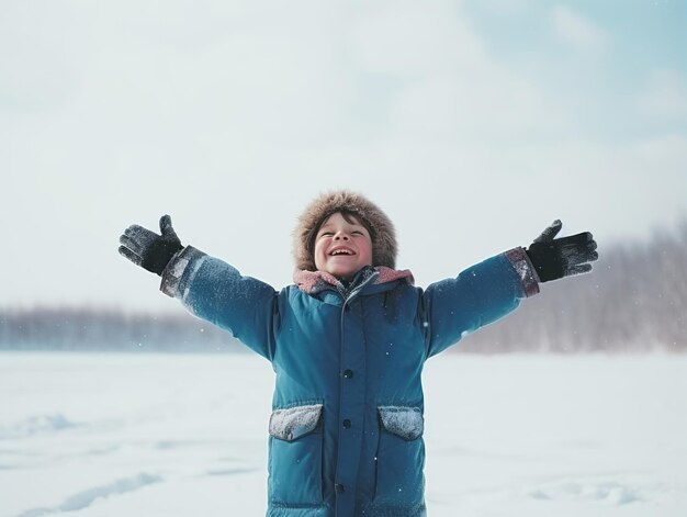 子供は遊び心のあるポーズで冬の雪の日を楽しんでいます