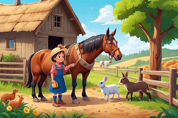 Foto ragazzo che nutre gli animali alla fattoria ragazza che nutre i conigli ragazzo che nutre il cavallo contadino con il cavallo