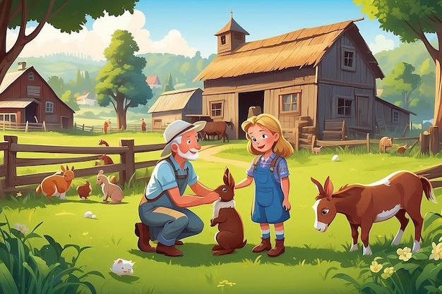 Photo kid feed the animals at the farmgirl feeding rabbits boy feeding horse farmer with horse summer countryside background