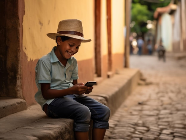 kid from Colombia using smartphone for playing games