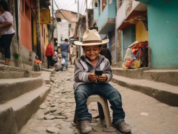 Foto bambino dalla colombia che utilizza lo smartphone per giocare