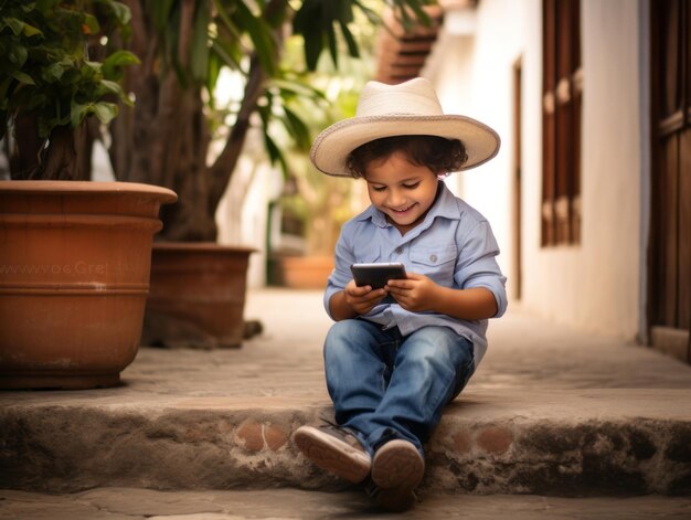 kid from Colombia using smartphone for playing games