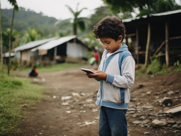 kid from Colombia using smartphone for playing games