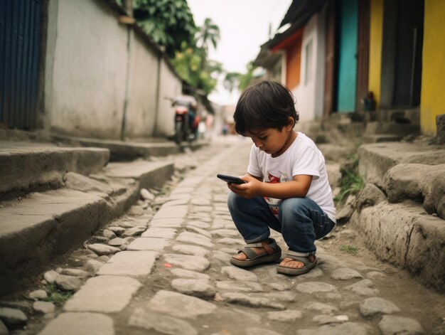 kid from Colombia using smartphone for playing games