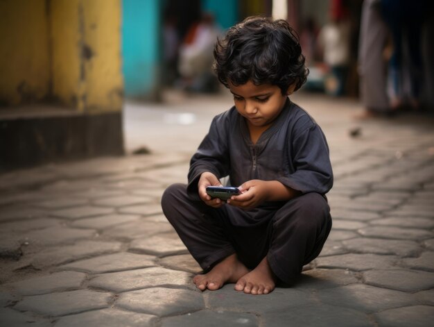 Photo kid from colombia using smartphone for playing games