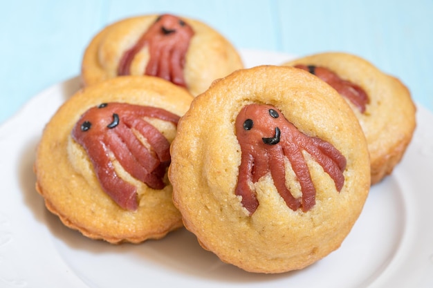 Kid funny food Cornbread corn dogs muffins with cute octopus sausage snack