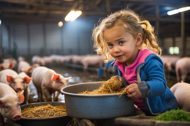 写真 女の子が牛の農場で小牛に ⁇ を与えている 田舎の農村生活農業の概念