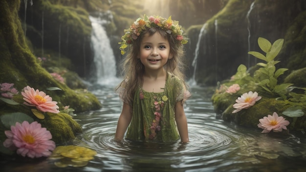 Kid girl in river water Generative AI