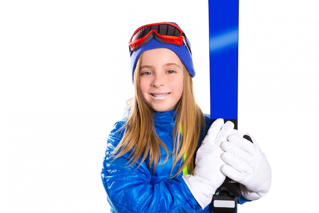 Kid girl ski with snow goggles and winter hat