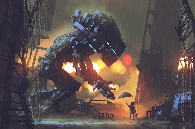 Photo kid giving umbrella to giant robot in the rainy night,illustration painting