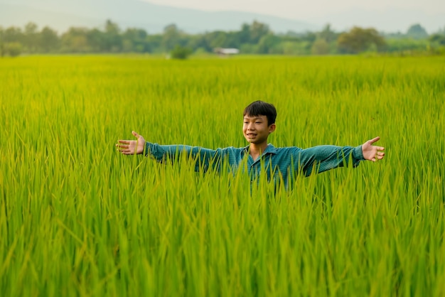 Kid glimlach en staat in biologisch rijstveld