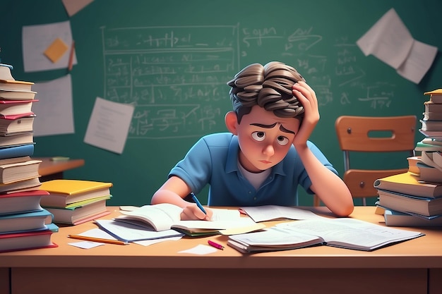 Kid got stress doing homework or prepare for exam Cartoon schoolboy sitting at desk holding head textbooks piles and test paper forms scattered around Sad student in school Vector illustration