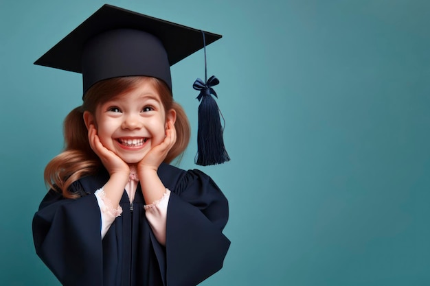 Photo kid in graduate dress with happy emotion on color solid background ai generative