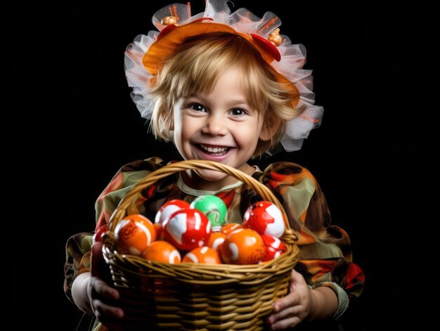 Kid in Halloween costume holding a bowl of candy with mischievous grin