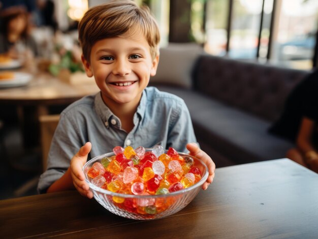 Photo kid in halloween costume holding a bowl of candy with mischievous grin