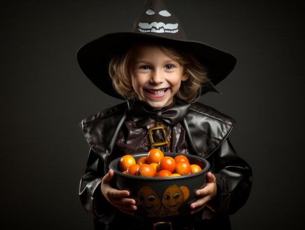 Ребенок в костюме Хэллоуина держит миску конфет с озорной ухмылкой