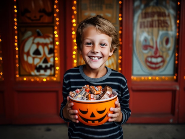 Photo kid in halloween costume holding a bowl of candy with mischievous grin